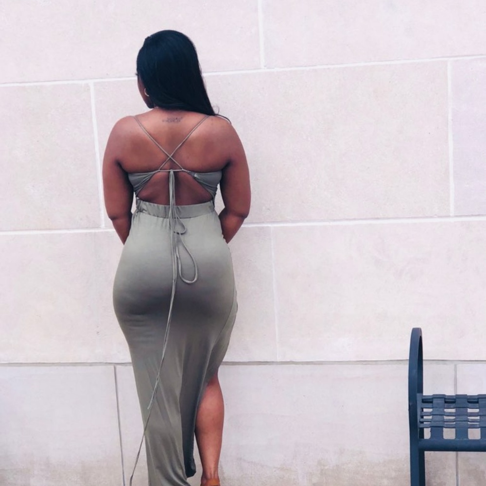 Olive Green Long Dress  with a slit on the Right - Picture 2 of 2